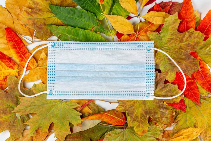 Face mask on autumn leaves