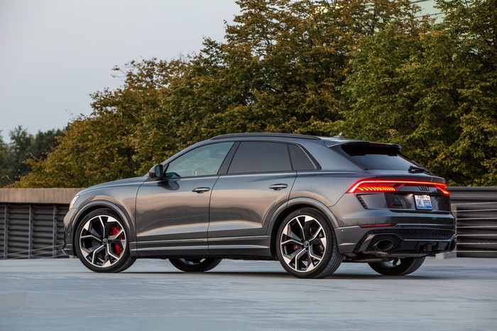 Grey Audi RS Q8 SUV from the side