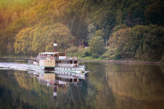 Steamboat on a River with Forested Banks