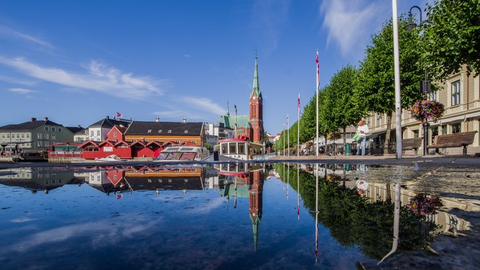 Arendal, Norway Waterfront with Church and Reflections