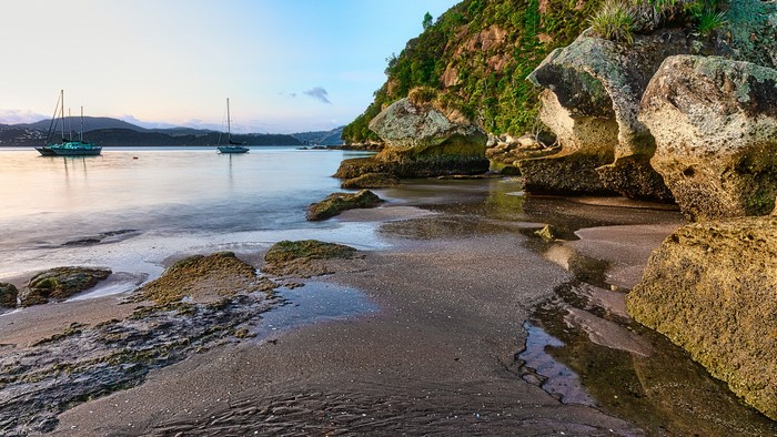 Cooks Beach, Waikato, New Zealand Coastline with Boats