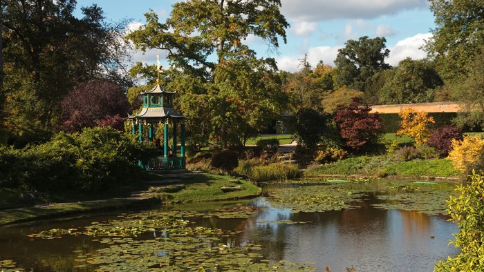 Autumn Pond and Pagoda at Cliveden, England