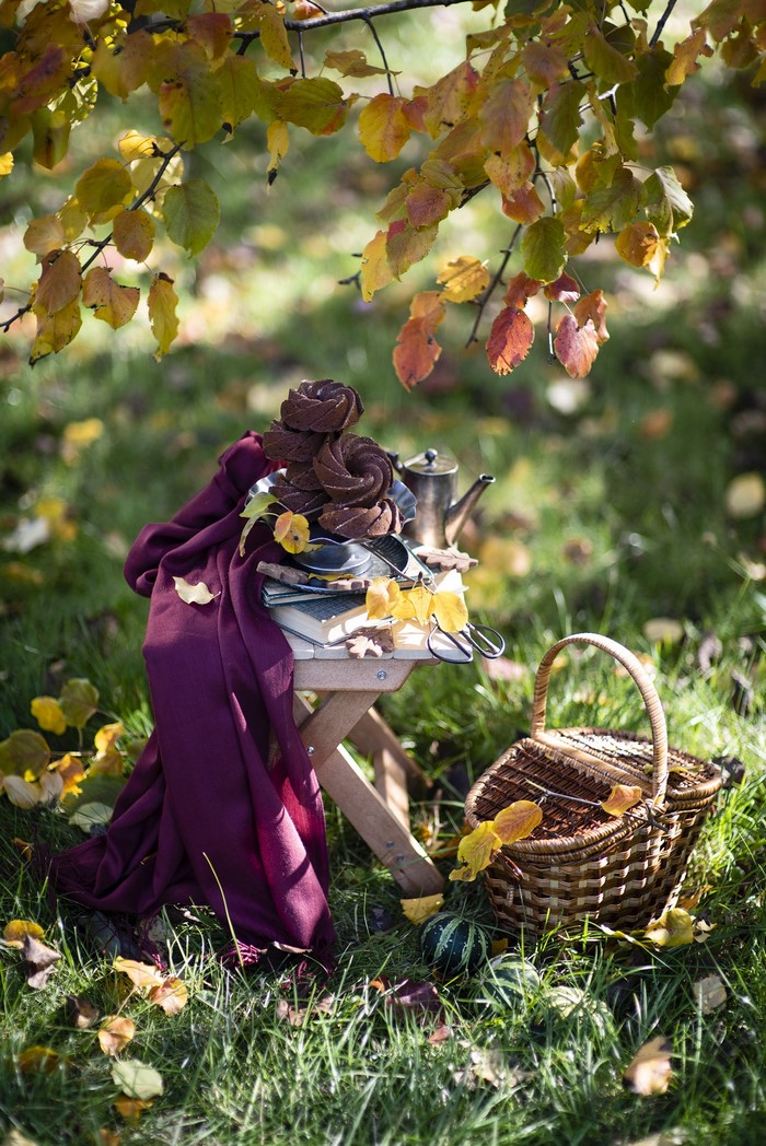 Autumn still-life with pastries and a wicker basket