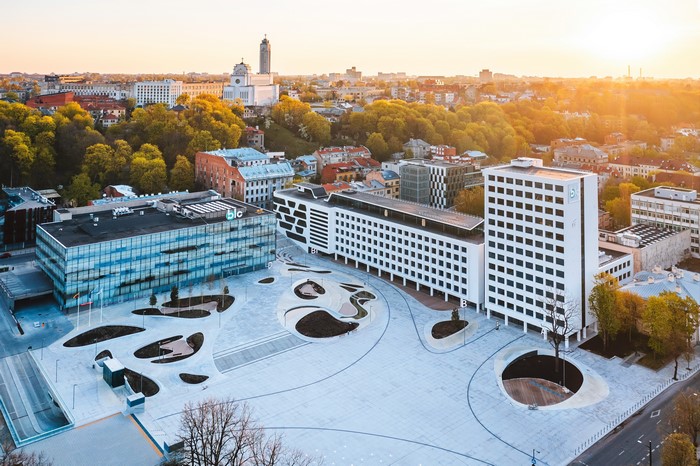 Aerial view of Kaunas, Lithuania with modern buildings and a cathedral
