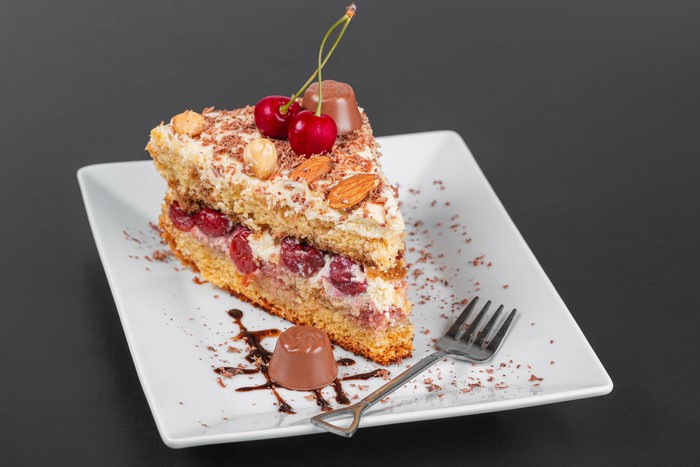 Slice of Cherry Cake with Chocolate and Nuts