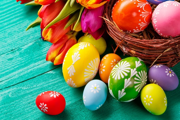 4K Multicolor Easter Eggs and Tulips