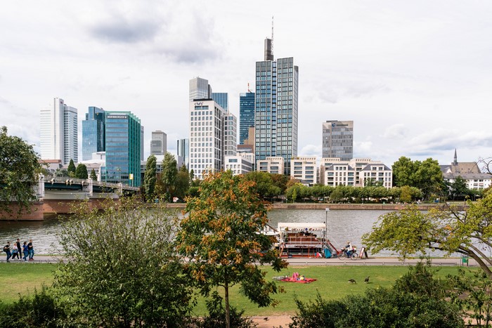 Frankfurt skyline with river and park