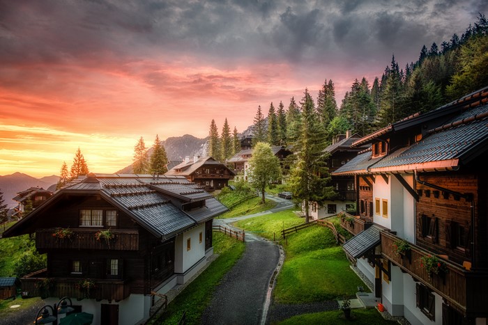 4K Austrian mountain village at sunrise