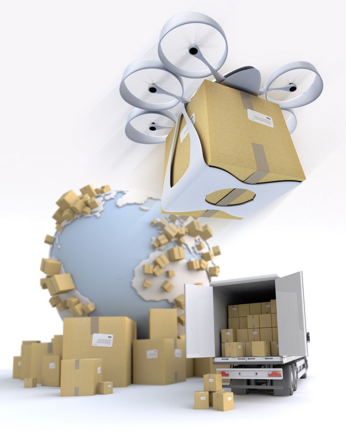 Drone delivering package over globe with delivery truck