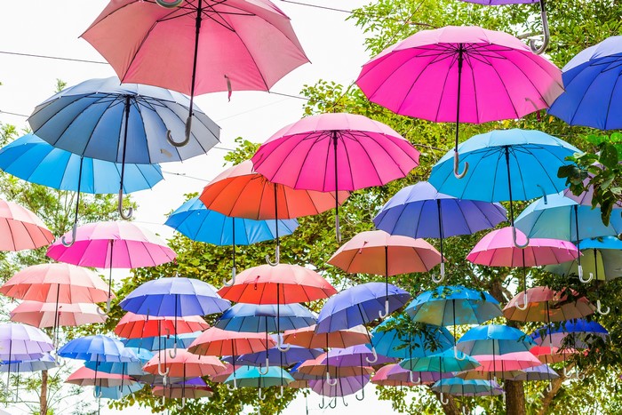 Colorful umbrellas hanging outdoors