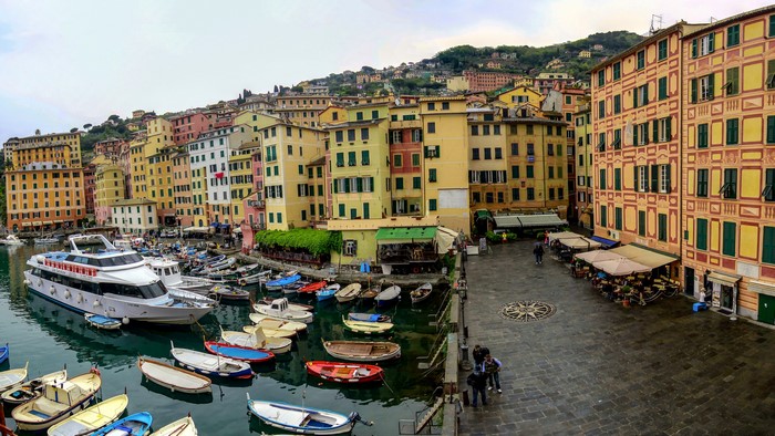 Camogli, Italy: Colorful Houses and Boats in a Harbor