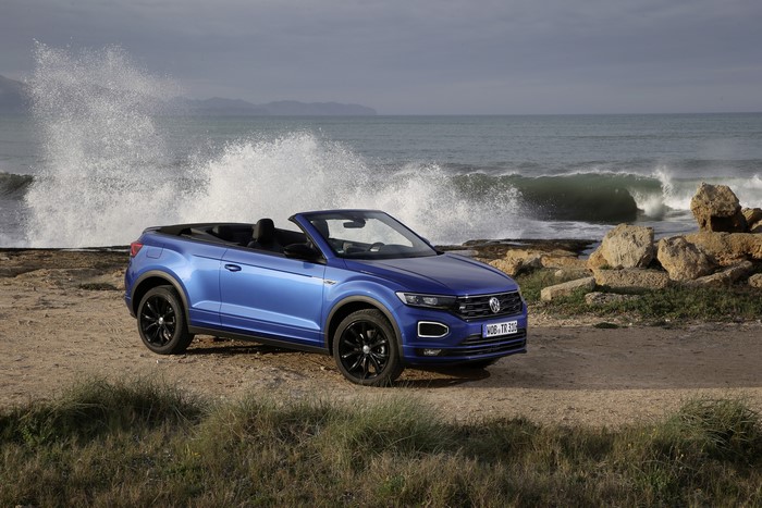 Blue Volkswagen T-Roc Cabriolet R-Line by the sea