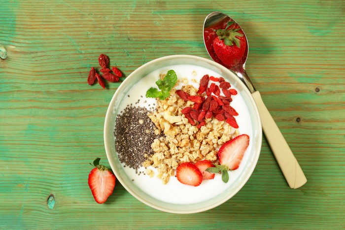 Yogurt bowl with strawberries, granola, and goji berries