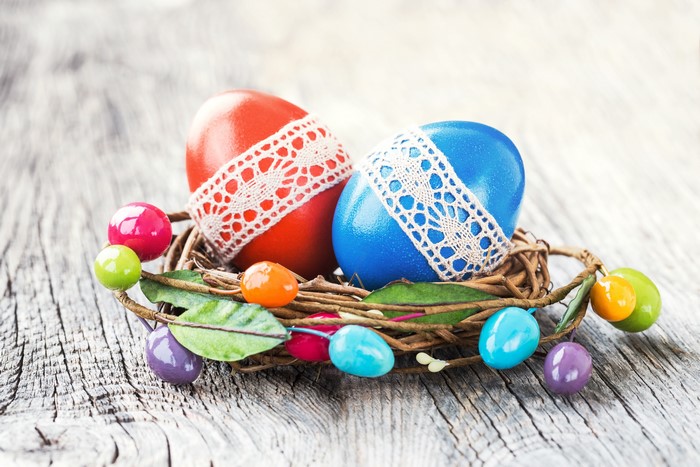 Easter eggs in a nest with decorations