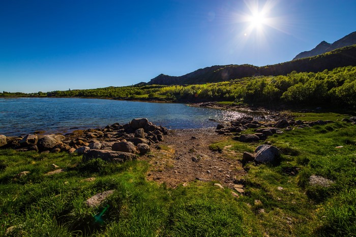 Norway Lofoten Mountains Lake Stones Sun