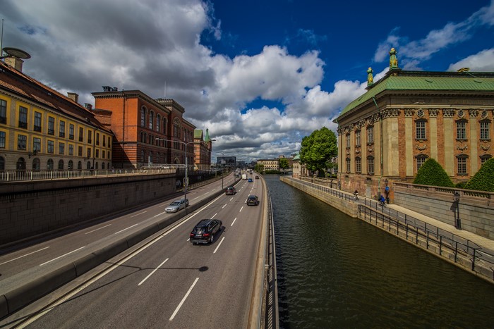 Stockholm Waterfront with Buildings and Cars
