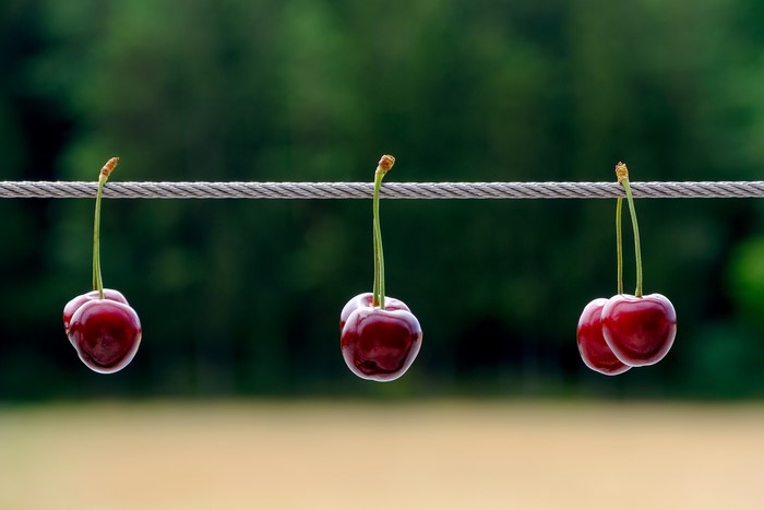 Three pairs of cherries hanging on a wire