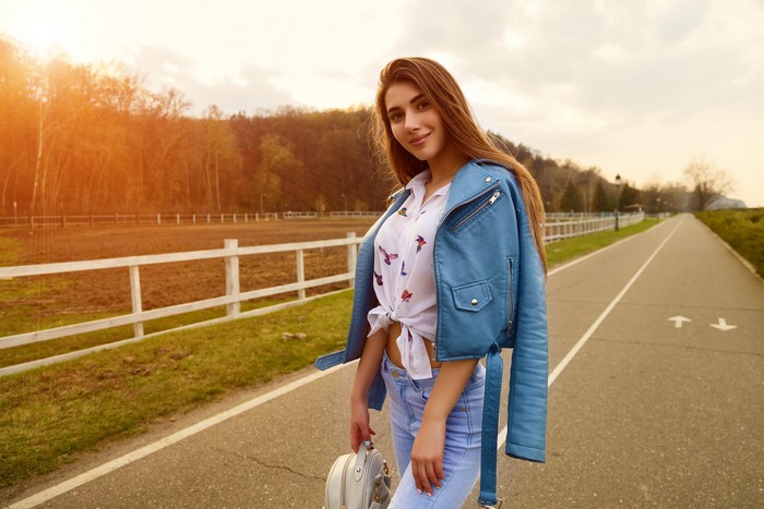 Model Lena Viacheslav Krivonos in Jeans and Jacket