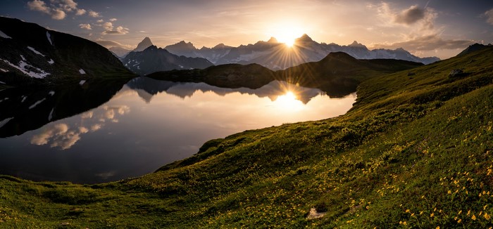 Sunset over a mountain lake in Valais, Switzerland