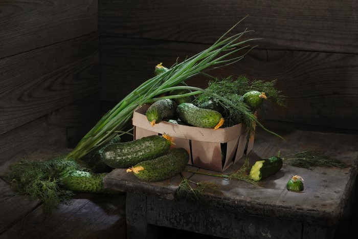 Cucumbers, Dill, and Scallions in a Basket