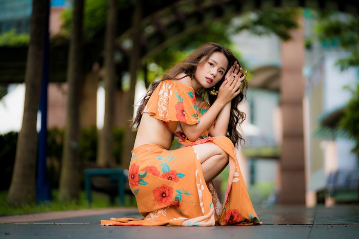 4K Asian Woman Sitting in Floral Dress
