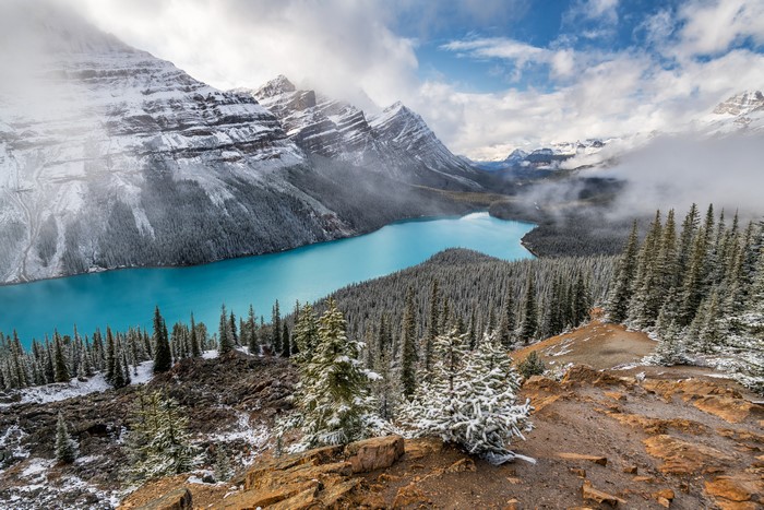 Peyto Lake, Alberta, Canada, Mountains, Lake, Scenery, Clouds, Trees