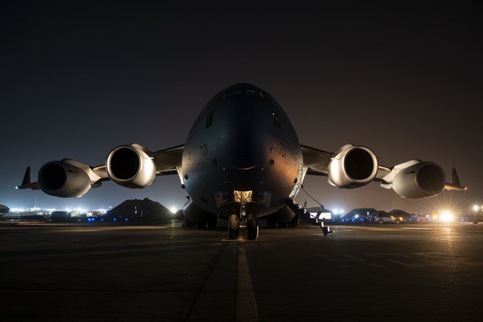 CC-177 Globemaster transport aircraft at night