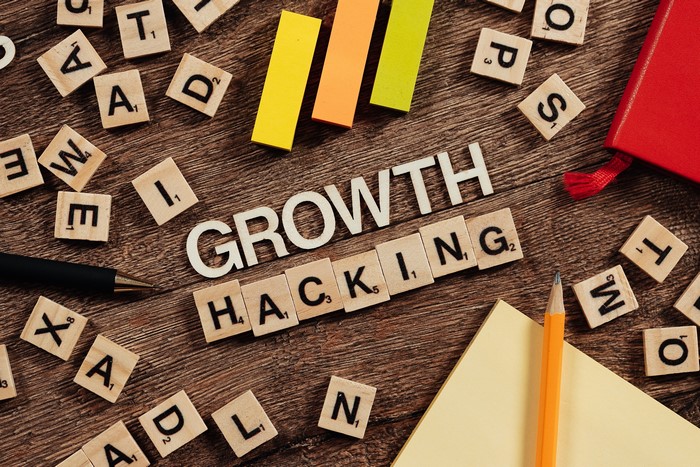 Growth Hacking concept with letter tiles and stationery