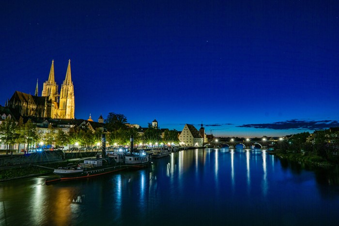 Regensburg Cathedral and Danube River at Night