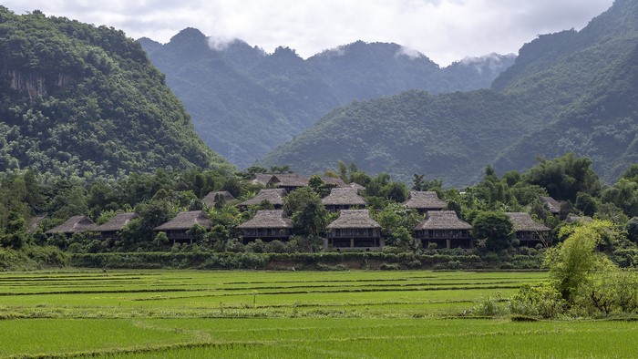 Ban Lac Village, Mai Chau, Vietnam with Rice Fields and Mountains