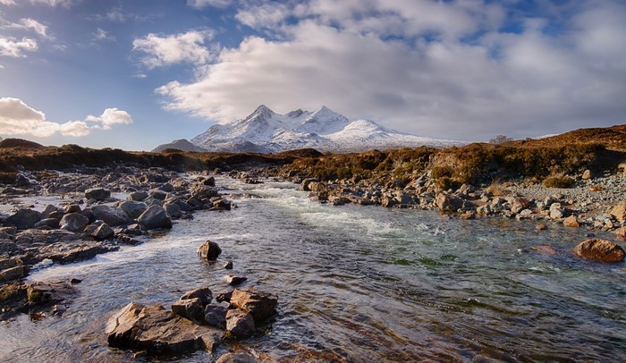 4K Sligachan Mountains and River in Scotland