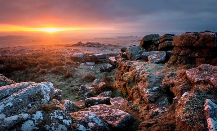 Sunrise over Dartmoor with Stones, England