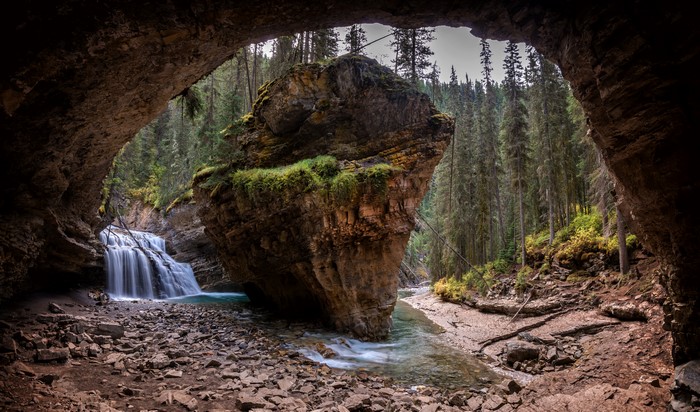 4K Scenic Waterfall and Crag in Alberta