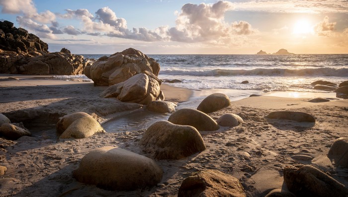 4K Porth Nanven Coast with Stones and Sun