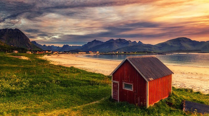 Red cabin on a grassy hill overlooking a bay in Lofoten, Norway