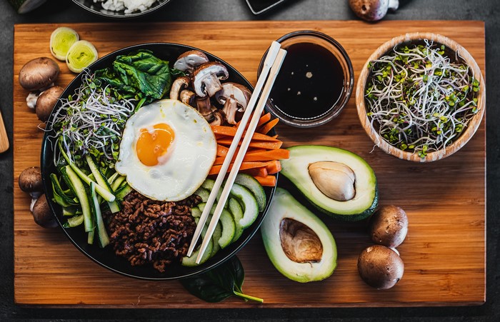 Bibimbap with Avocado, Mushrooms, and Fried Egg