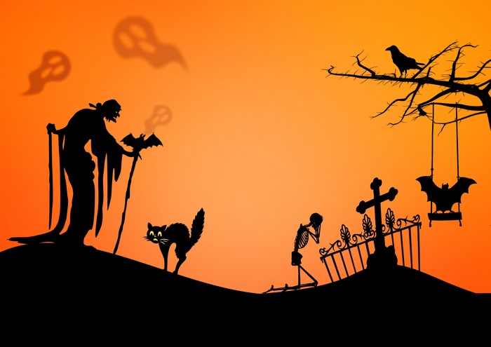 Halloween Cemetery with Grim Reaper, Cat, Skeleton, and Bats