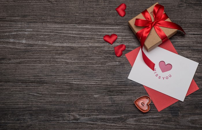 Valentine's Day gift with hearts and a card