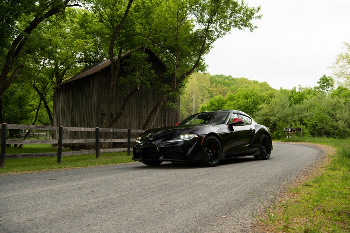 Black 2020 GR Supra Launch Edition on a country road
