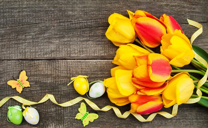 Easter Tulips and Eggs on Wood