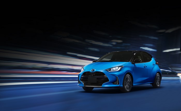 4K Light Blue 2020 Toyota Yaris Hybrid in Motion