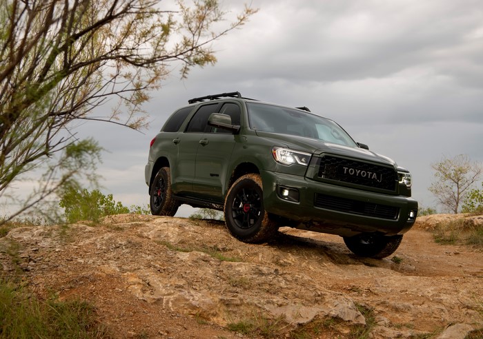 Green Toyota Sequoia TRD Pro on rocky terrain