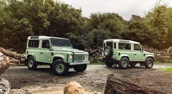 Two Land Rover Defender 90 Heritage SUVs