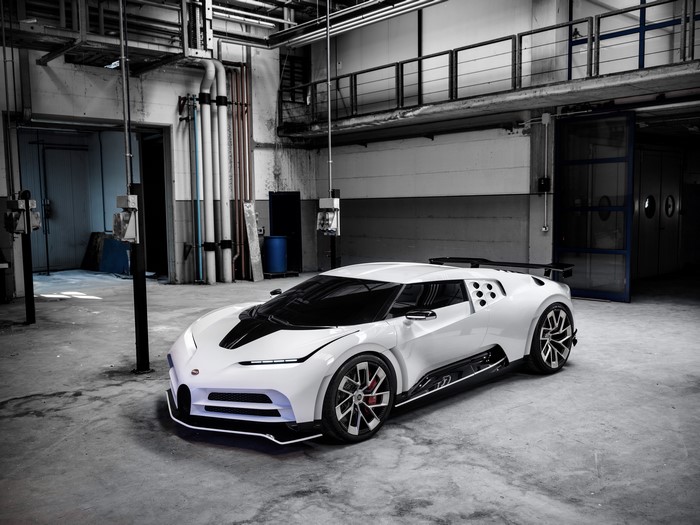 White Bugatti Centodieci in a garage