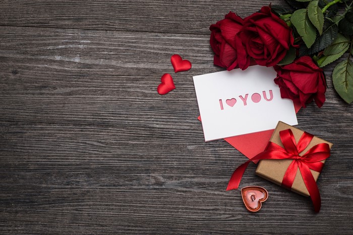 Valentine's Day gift with roses and card