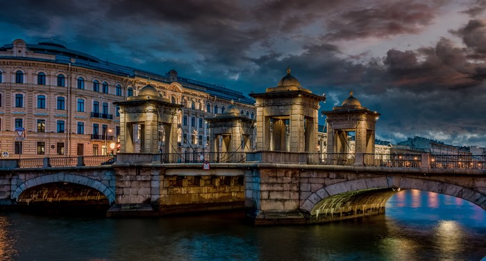 Lomonossov Bridge in St. Petersburg, Russia at Evening