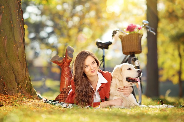 Girl with Golden Retriever and Bicycle in Autumn Park