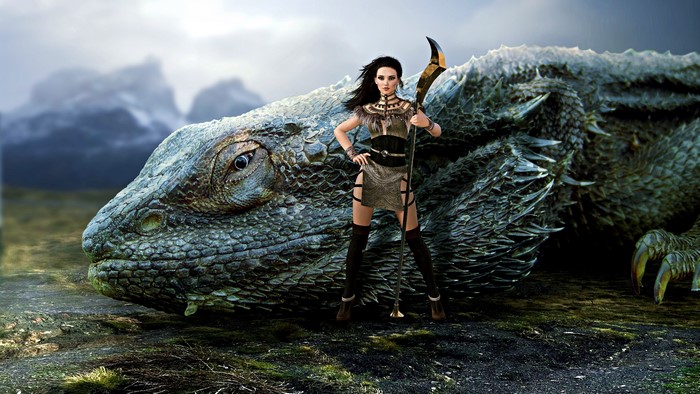 Warrior woman with a spear and a large iguana
