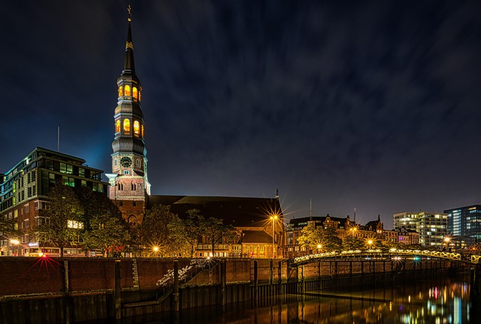 Hamburg, Germany at Night with River and Bridge
