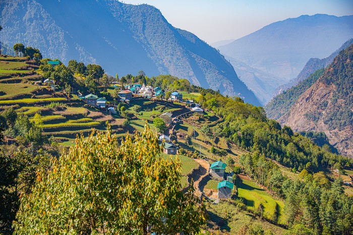 Village on terraced hillsides in Lukla, Nepal